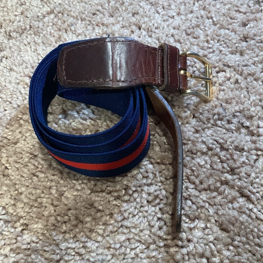 Leather and fabric belt red/ blue rep stripe with brass buckle